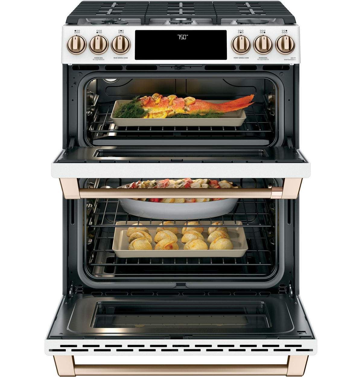 Café™ 30" Smart Slide-In, Front-Control, Gas Double-Oven Range with Convection