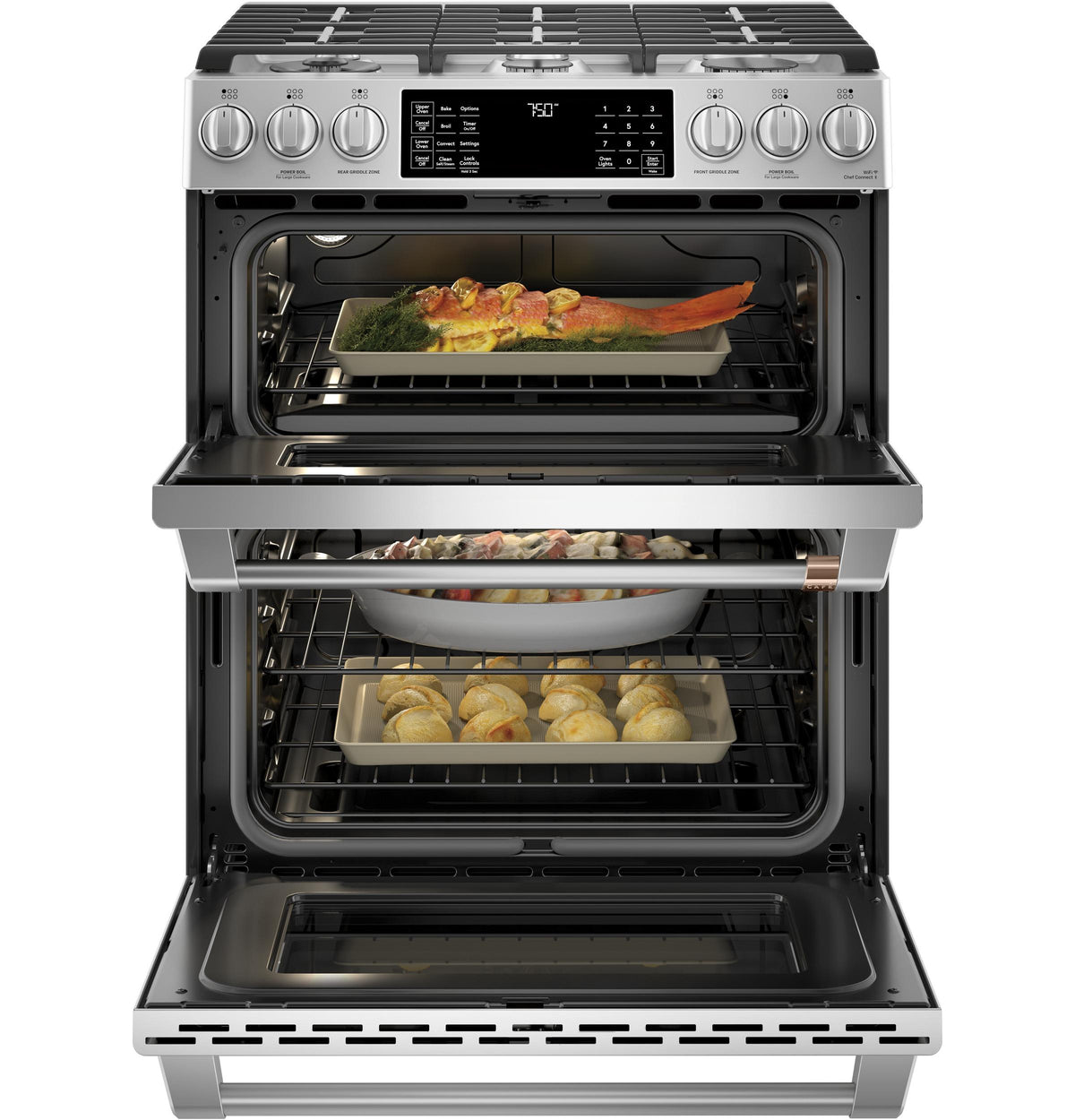 Café 30" Smart Slide-In, Front-Control, Gas Double-Oven Range with Convection